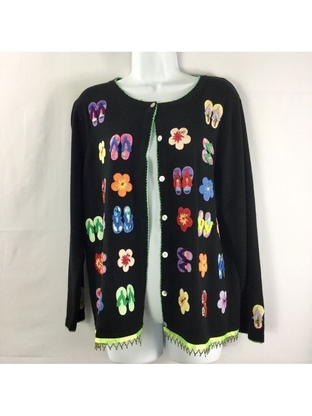 SWEATER sweater brand flip flops & tropical flowers black button front cardigan